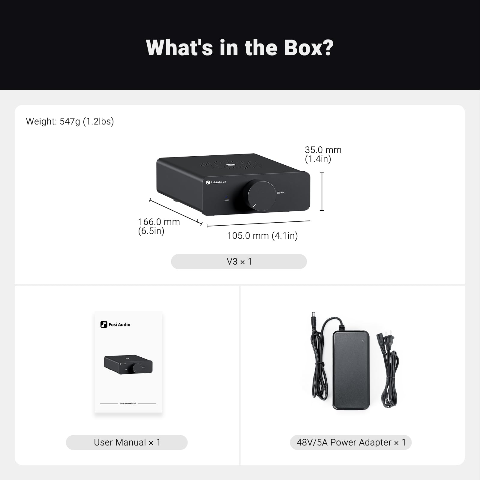 Fosi Audio V3 — front panel volume and bass/treble controls